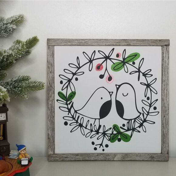 Christmas Wreath Love Birds Holiday Decor ‎ Wood Sign Rustic Farmhouse Wo… - Picture 1 of 7